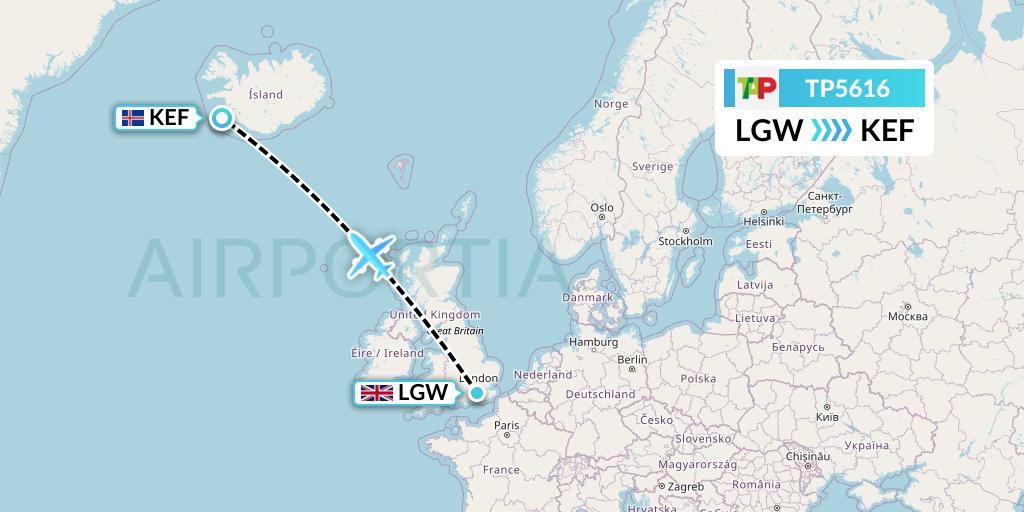 TP5616 TAP Portugal Flight Map: London to Reykjavik