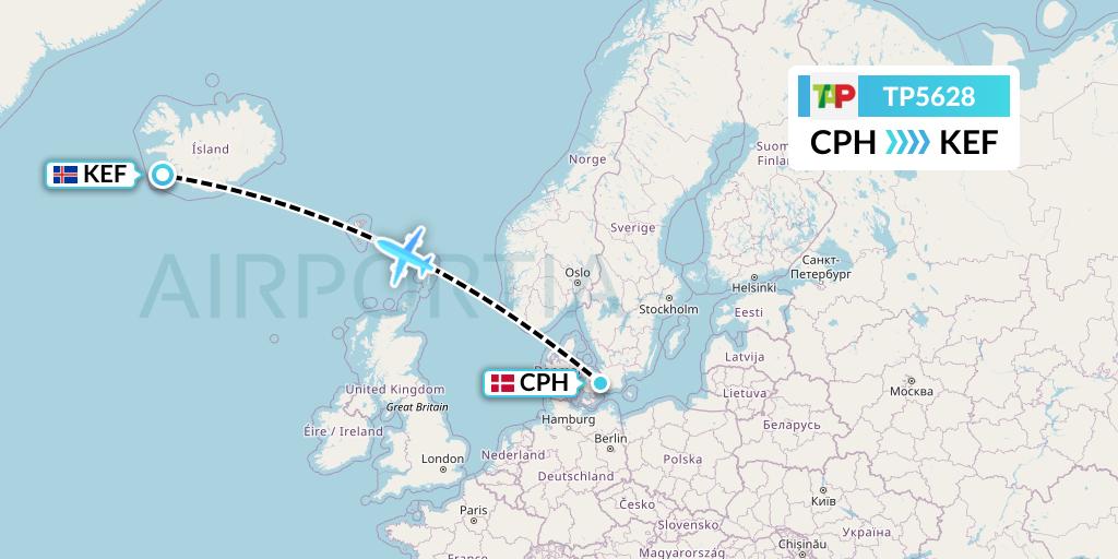 TP5628 TAP Portugal Flight Map: Copenhagen to Reykjavik