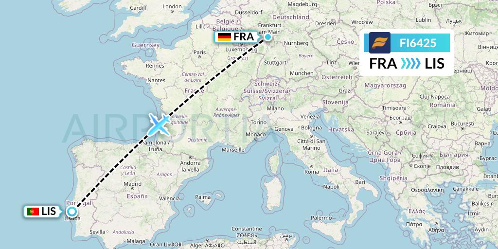 FI6425 Icelandair Flight Map: Frankfurt to Lisbon