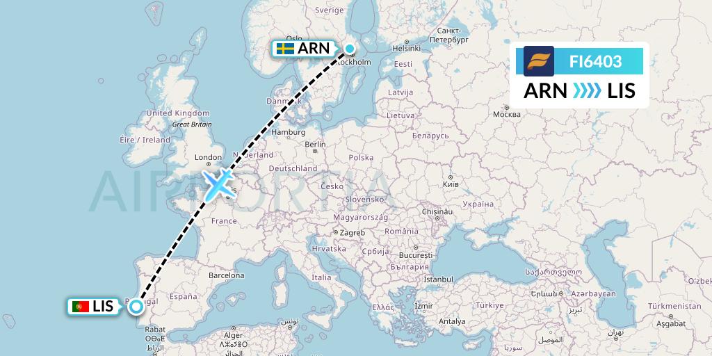 FI6403 Icelandair Flight Map: Stockholm to Lisbon