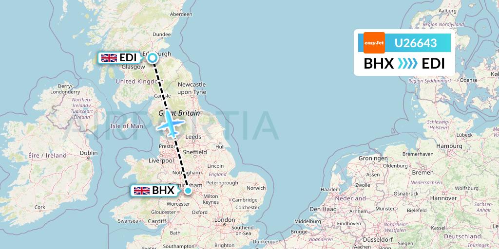U26643 EasyJet Flight Map: Birmingham to Edinburgh