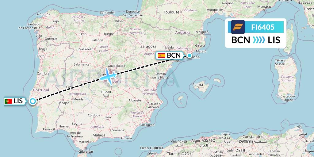 FI6405 Icelandair Flight Map: Barcelona to Lisbon