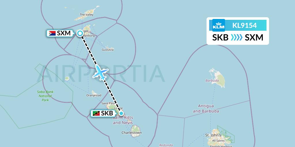 KL9154 KLM Flight Map: Basseterre to Sint Maarten