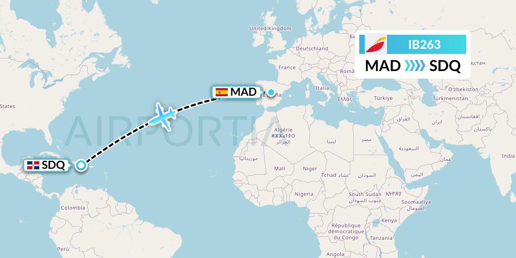 IB263 Iberia Flight Map: Madrid to Santo Domingo