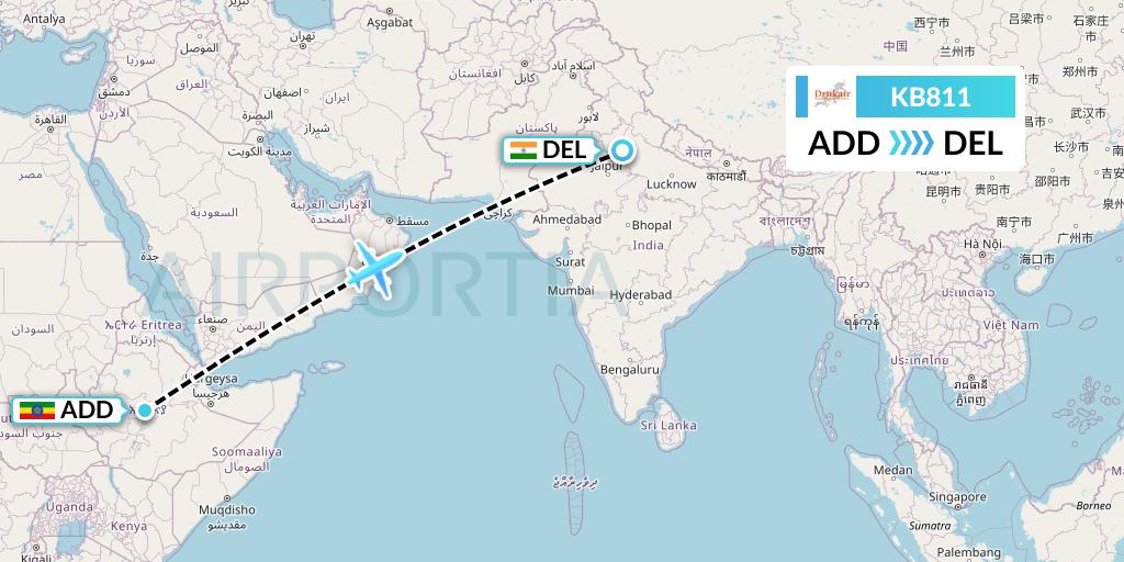 KB811 Druk Air Flight Map: Addis Ababa to Delhi