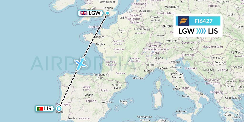 FI6427 Icelandair Flight Map: London to Lisbon