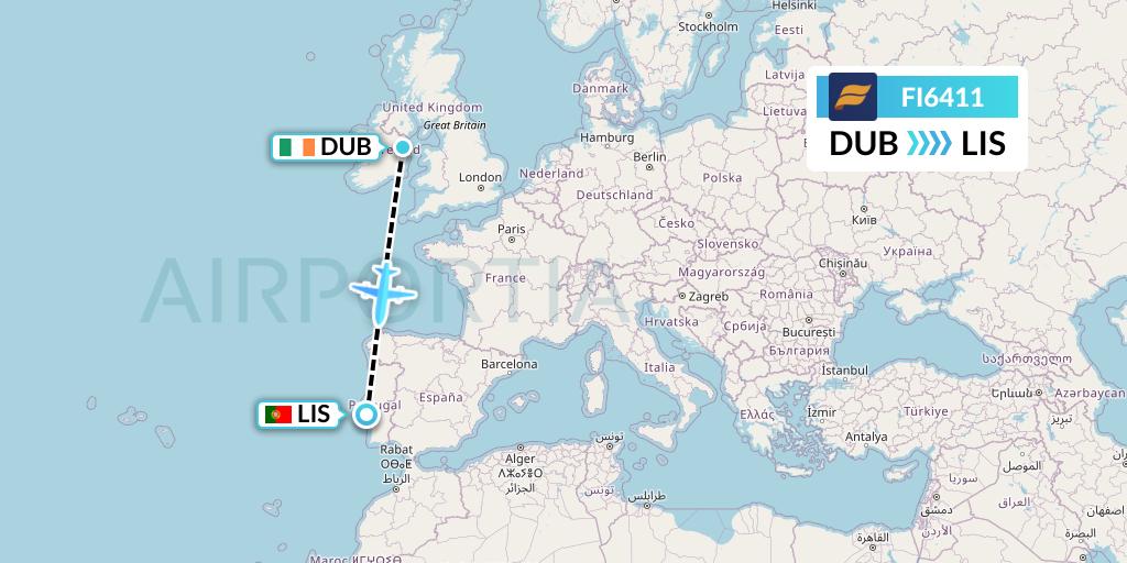 FI6411 Icelandair Flight Map: Dublin to Lisbon