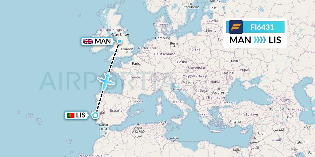 FI6431 Icelandair Flight Map: Manchester to Lisbon
