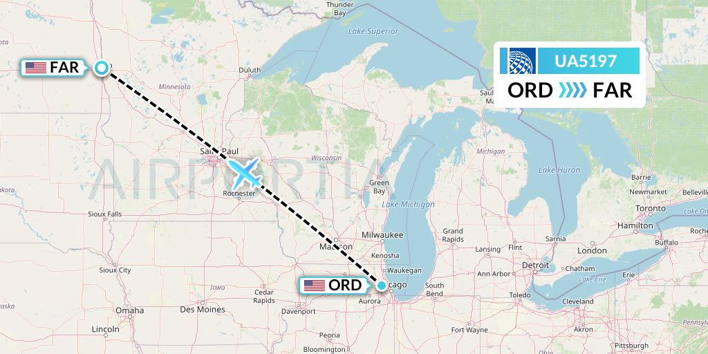 UA5197 United Airlines Flight Map: Chicago to Fargo
