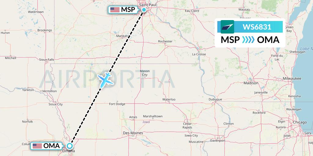 WS6831 WestJet Flight Map: Minneapolis to Omaha