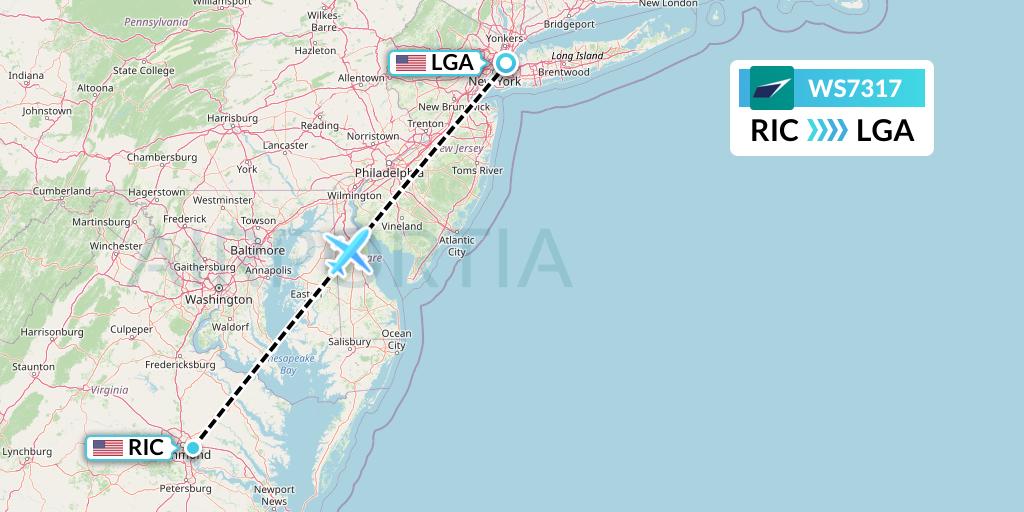 WS7317 WestJet Flight Map: Richmond to New York