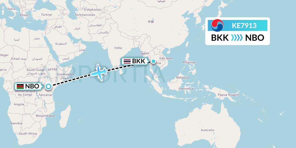 KE7913 Korean Air Flight Map: Bangkok to Nairobi