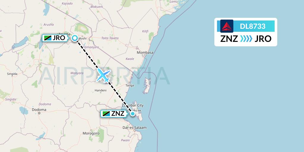 DL8733 Delta Air Lines Flight Map: Zanzibar to Kilimanjaro