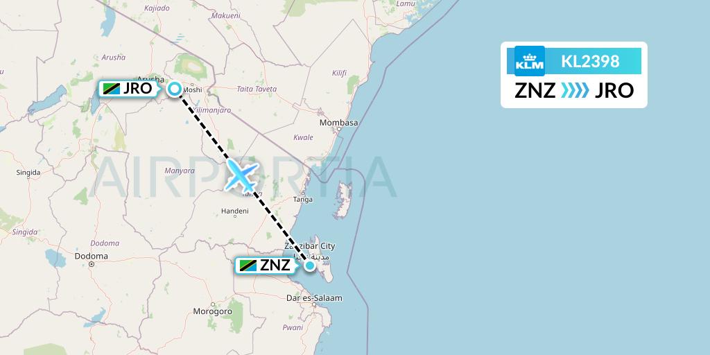 KL2398 KLM Flight Map: Zanzibar to Kilimanjaro