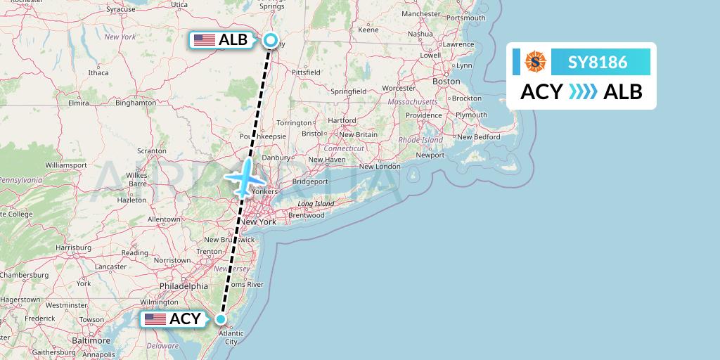 SY8186 Sun Country Airlines Flight Map: Atlantic City to Albany