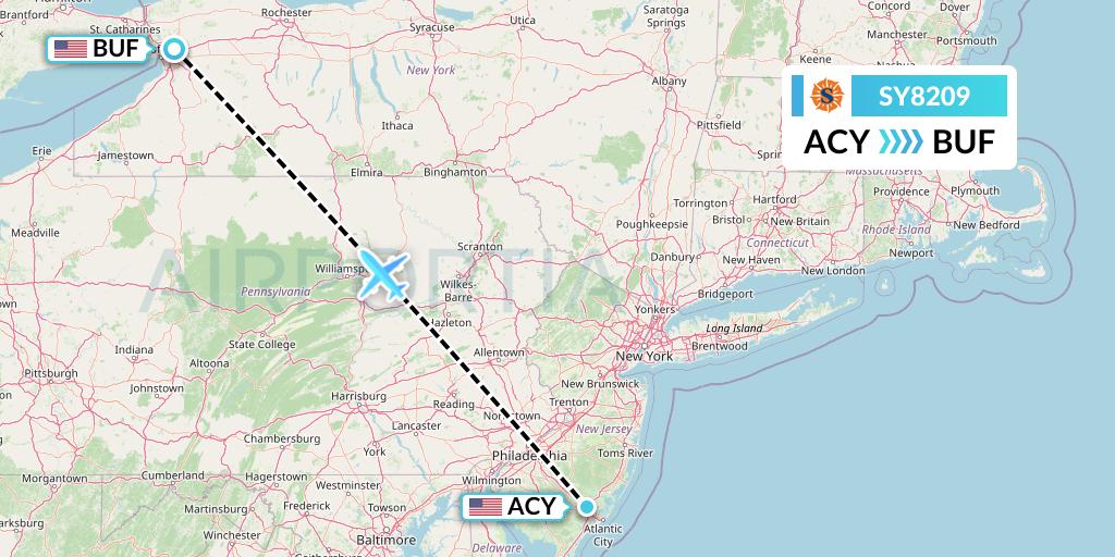 SY8209 Sun Country Airlines Flight Map: Atlantic City to Buffalo