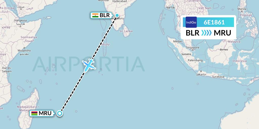 6E1861 IndiGo Airlines Flight Map: Bangalore to Port Louis