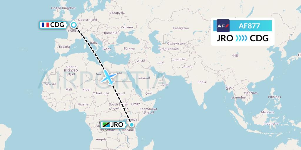 AF877 Air France Flight Map: Kilimanjaro to Paris