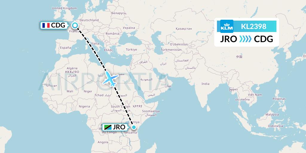 KL2398 KLM Flight Map: Kilimanjaro to Paris