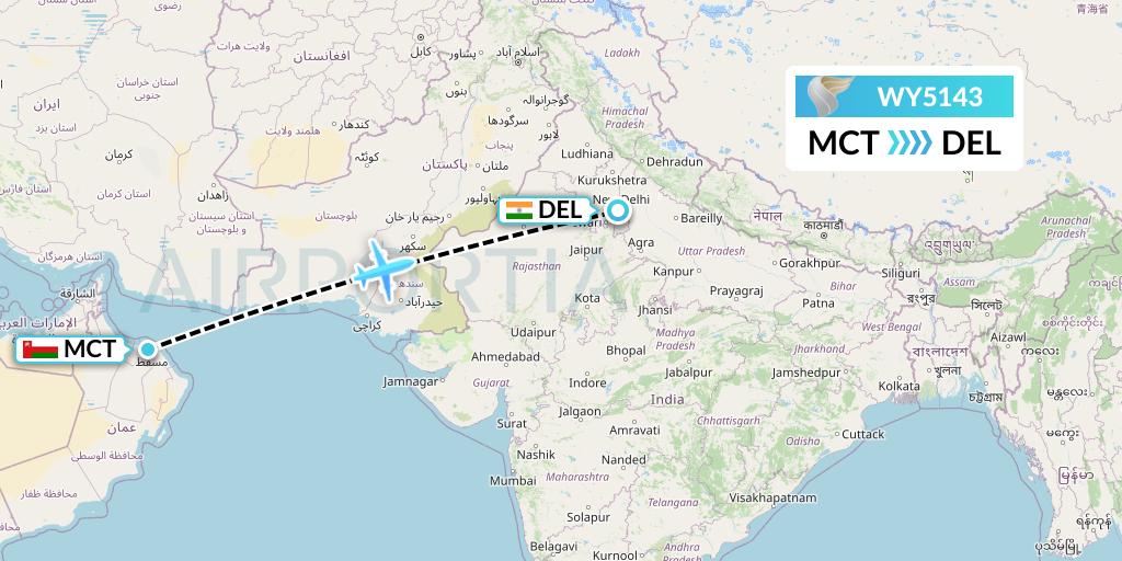 WY5143 Oman Air Flight Map: Muscat to Delhi