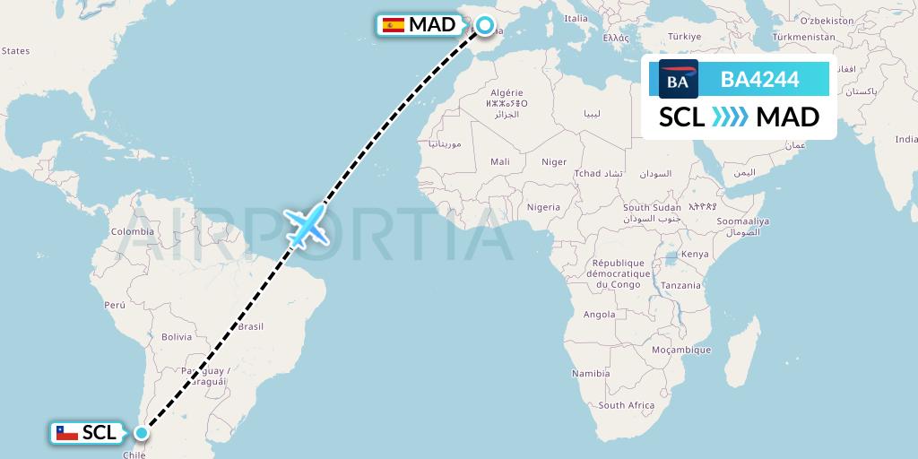 BA4244 British Airways Flight Map: Santiago to Madrid