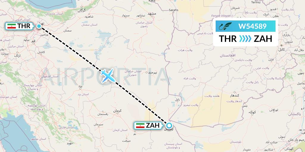 W54589 Mahan Air Flight Map: Tehran to Zahedan