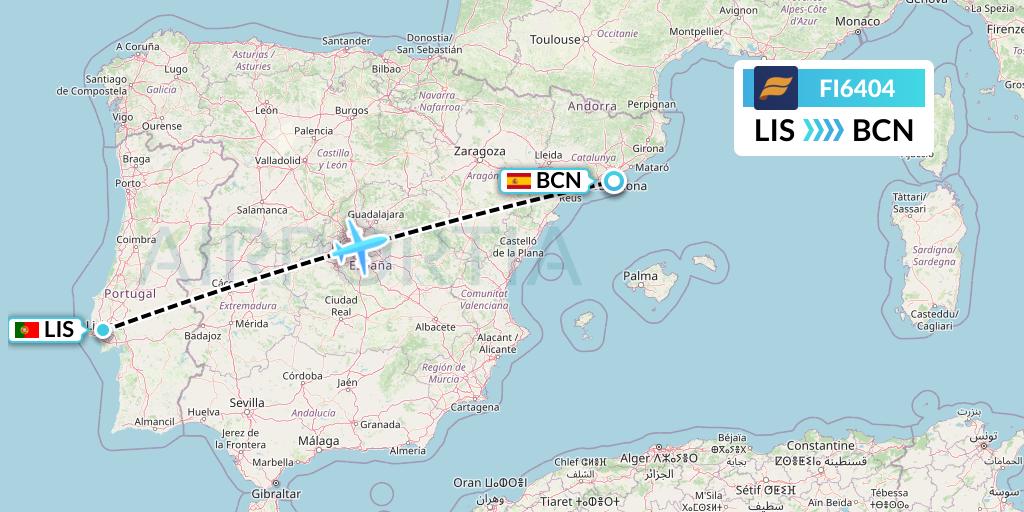 FI6404 Icelandair Flight Map: Lisbon to Barcelona