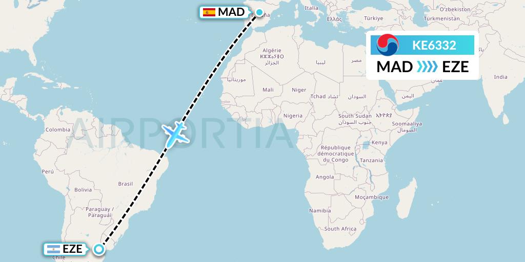 KE6332 Korean Air Flight Map: Madrid to Buenos Aires