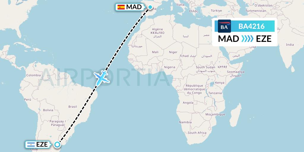 BA4216 British Airways Flight Map: Madrid to Buenos Aires