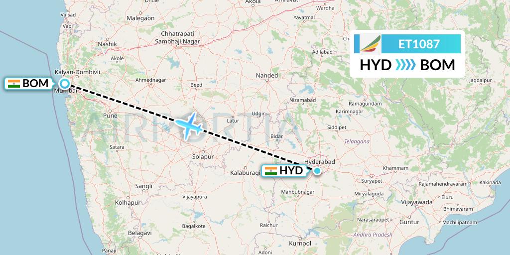 ET1087 Ethiopian Airlines Flight Map: Hyderabad to Mumbai