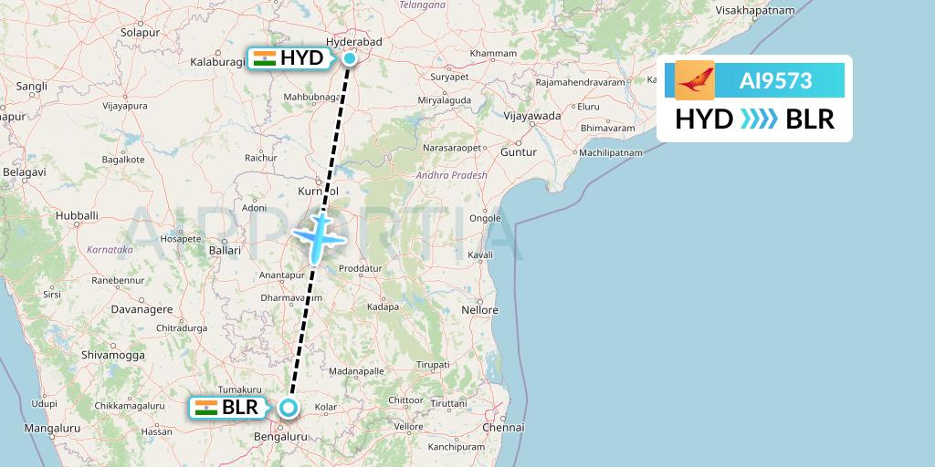 AI9573 Air India Flight Map: Hyderabad to Bangalore