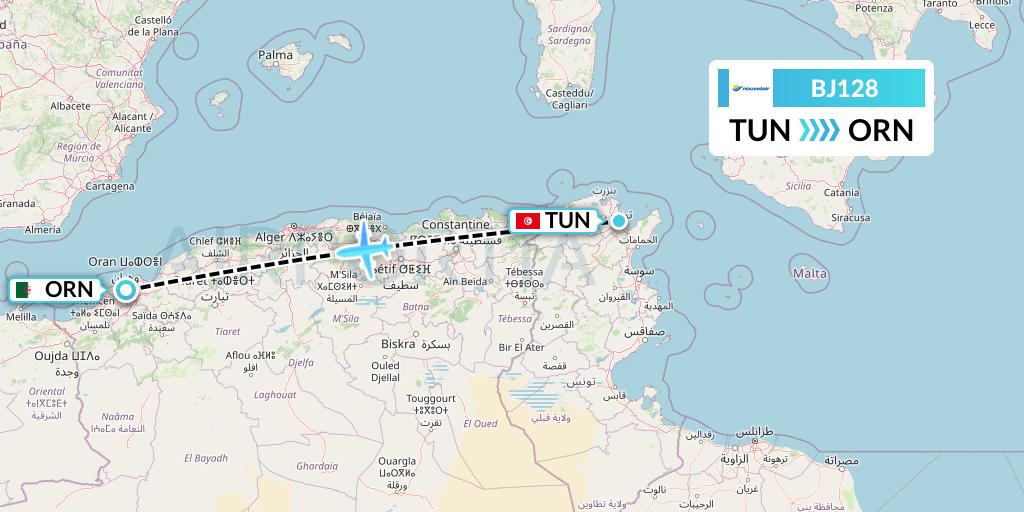 BJ128 Nouvelair Tunisie Flight Map: Tunis to Oran