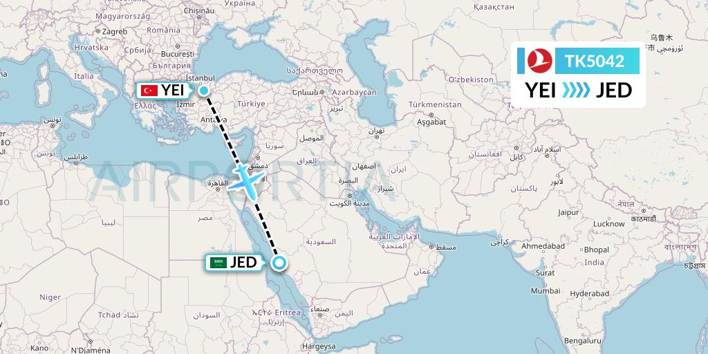 TK5042 Turkish Airlines Flight Map: Bursa to Jeddah