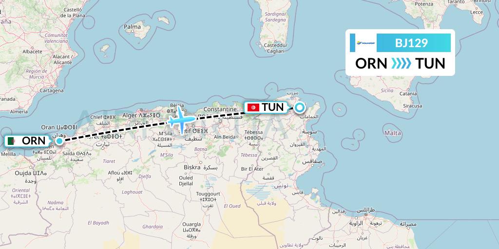 BJ129 Nouvelair Tunisie Flight Map: Oran to Tunis