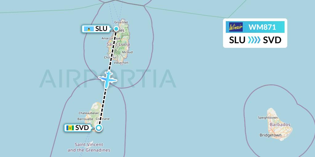 WM871 Winair Flight Map: Castries to Kingstown