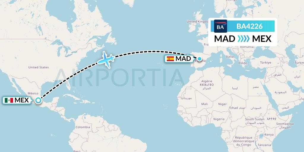 BA4226 British Airways Flight Map: Madrid to Mexico City