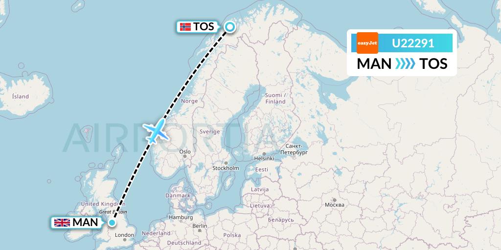 U22291 EasyJet Flight Map: Manchester to Tromso