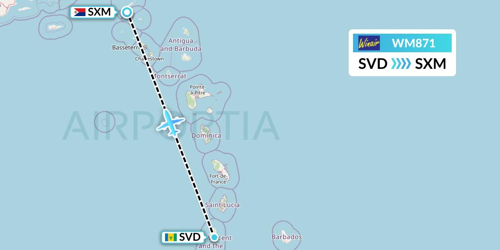 WM871 Winair Flight Map: Kingstown to Sint Maarten