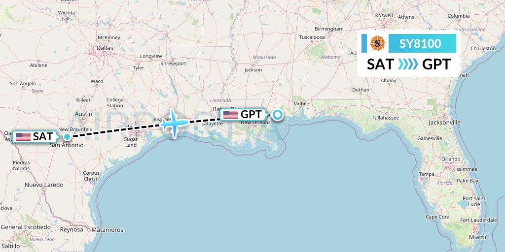 SY8100 Sun Country Airlines Flight Map: San Antonio to Gulfport
