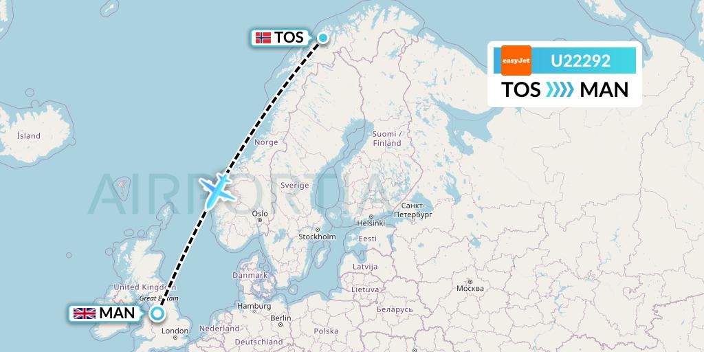 U22292 EasyJet Flight Map: Tromso to Manchester
