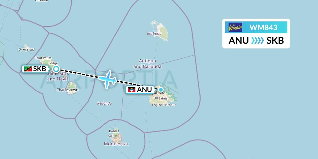 WM843 Winair Flight Map: Antigua to Basseterre