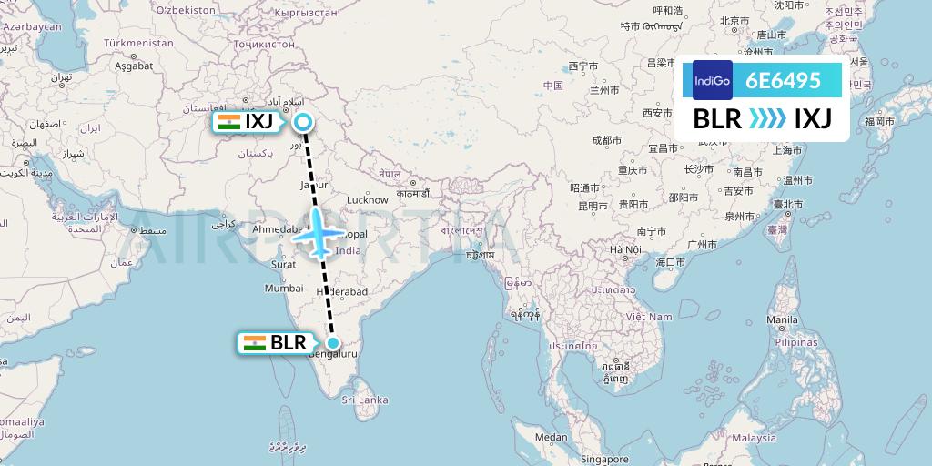 6E6495 IndiGo Airlines Flight Map: Bangalore to Jammu