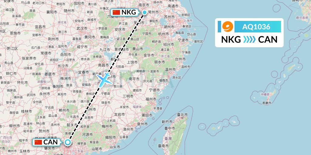 AQ1036 9 Air Flight Map: Nanjing to Guangzhou