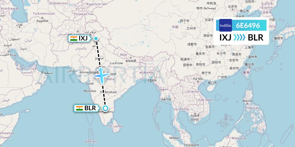 6E6496 IndiGo Airlines Flight Map: Jammu to Bangalore