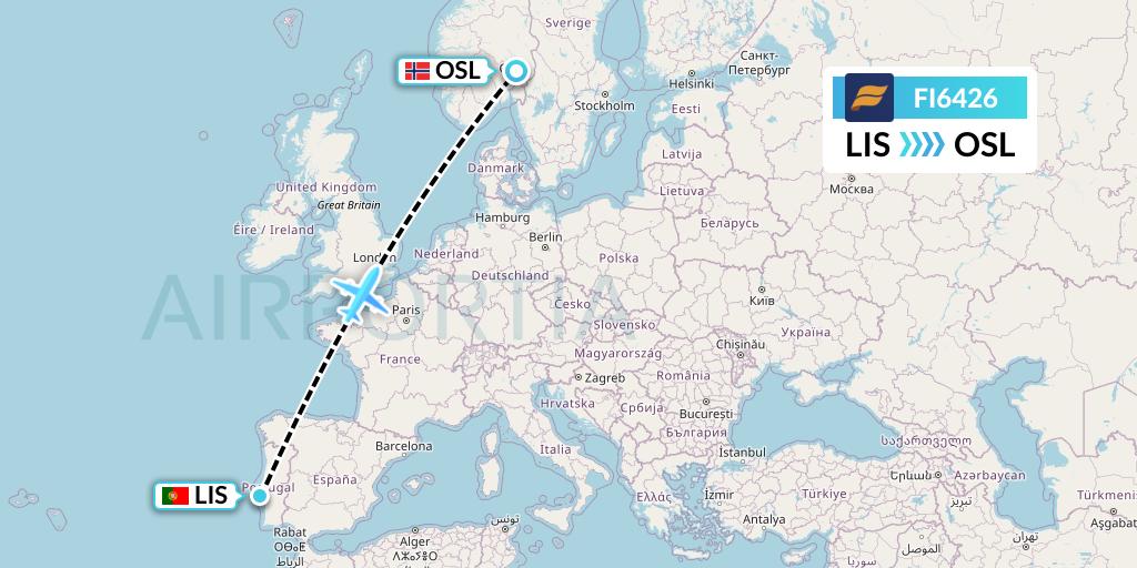 FI6426 Icelandair Flight Map: Lisbon to Oslo