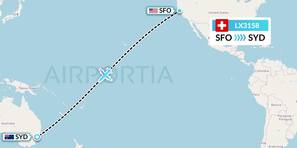 LX3158 Swiss Flight Map: San Francisco to Sydney