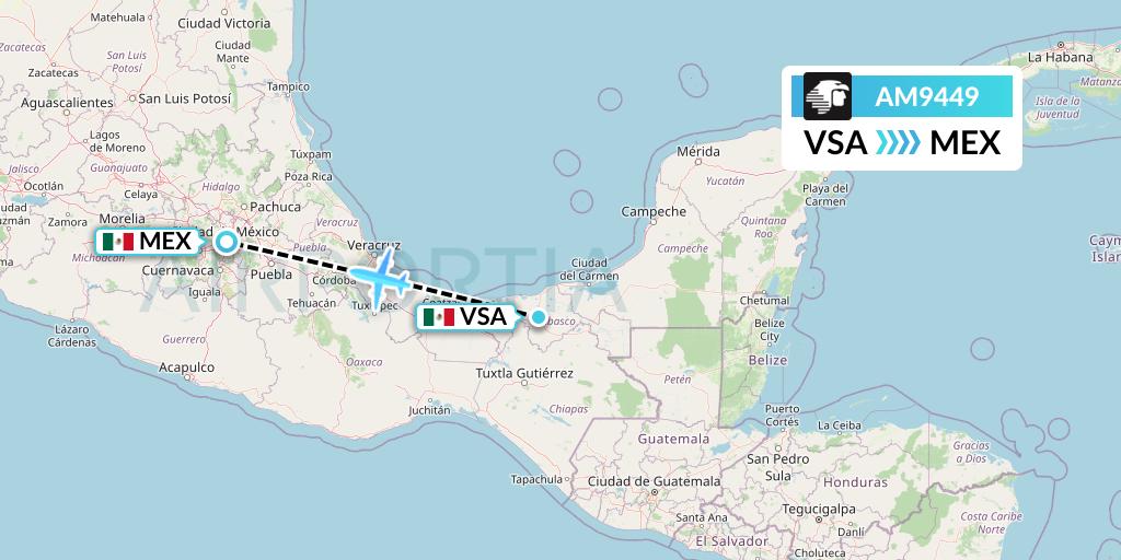 AM9449 Aeromexico Flight Map: Villahermosa to Mexico City