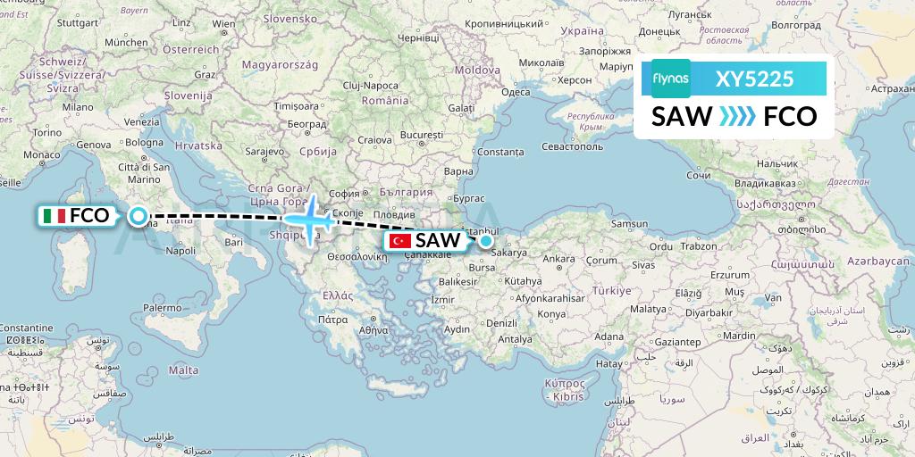 XY5225 Flynas Flight Map: Istanbul to Rome
