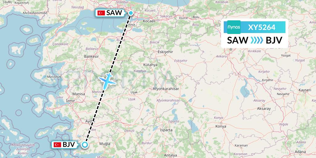 XY5264 Flynas Flight Map: Istanbul to Bodrum