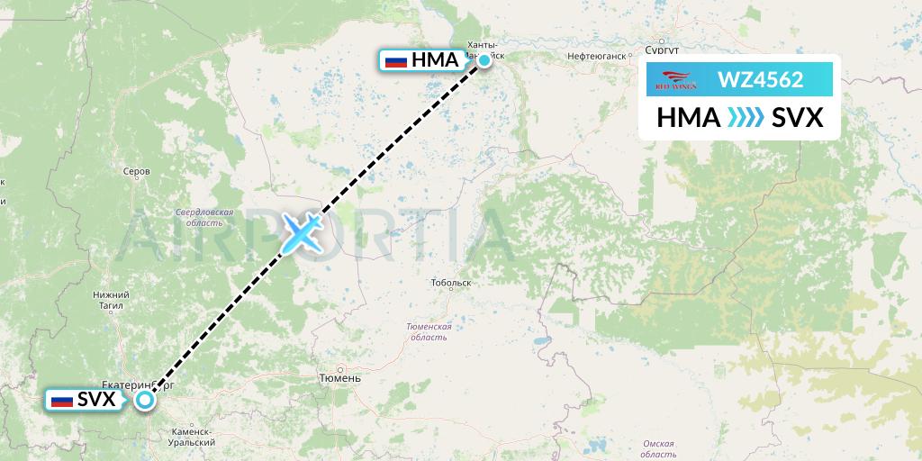 WZ4562 Red Wings Flight Map: Khanty-Mansiysk to Yekaterinburg